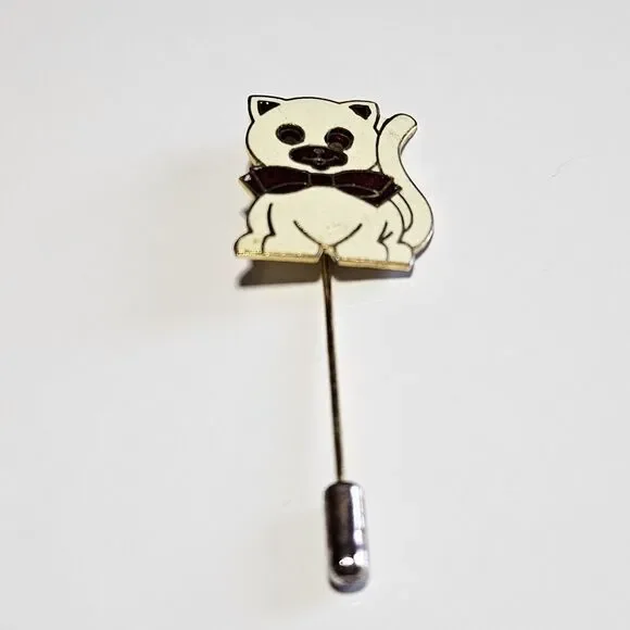 Vintage Gold Tone White Cloisonne Cat With Red Bow Stick Pin Lapel Hat - Picture 1 of 10